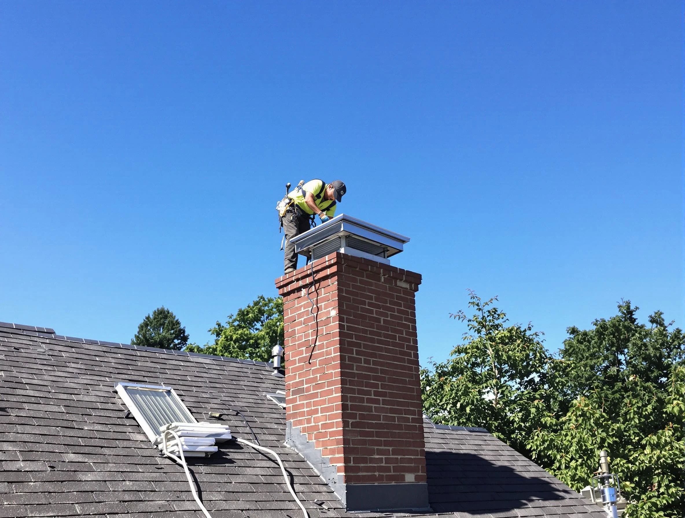 Tuckahoe Chimney Sweep technician measuring a chimney cap in Tuckahoe, VA